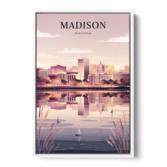 Madison Lake Monona Reflections - White Framed Canvas Wall Art - Front