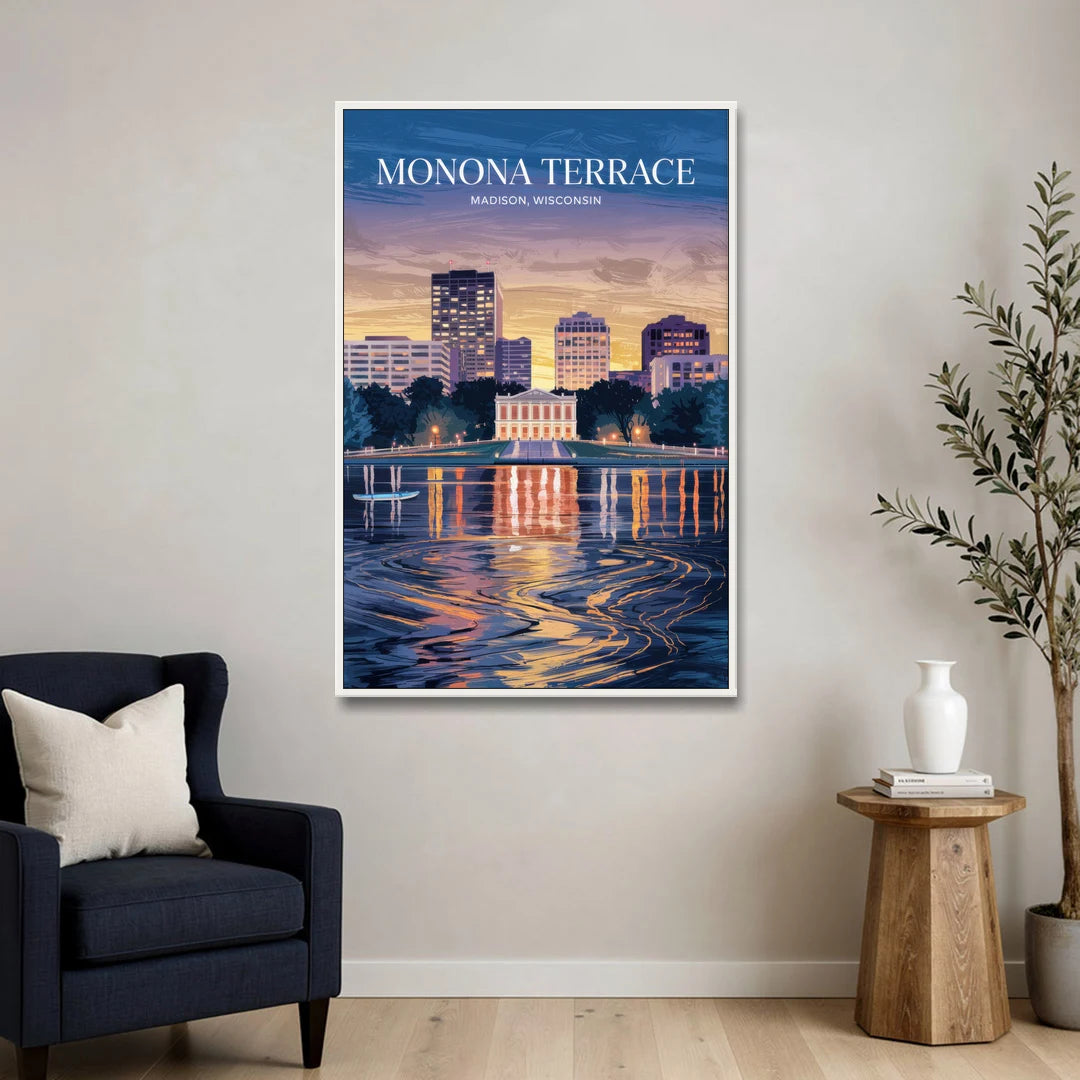Madison Monona Terrace View - White Framed Canvas Wall Art - Sofa - 32x48