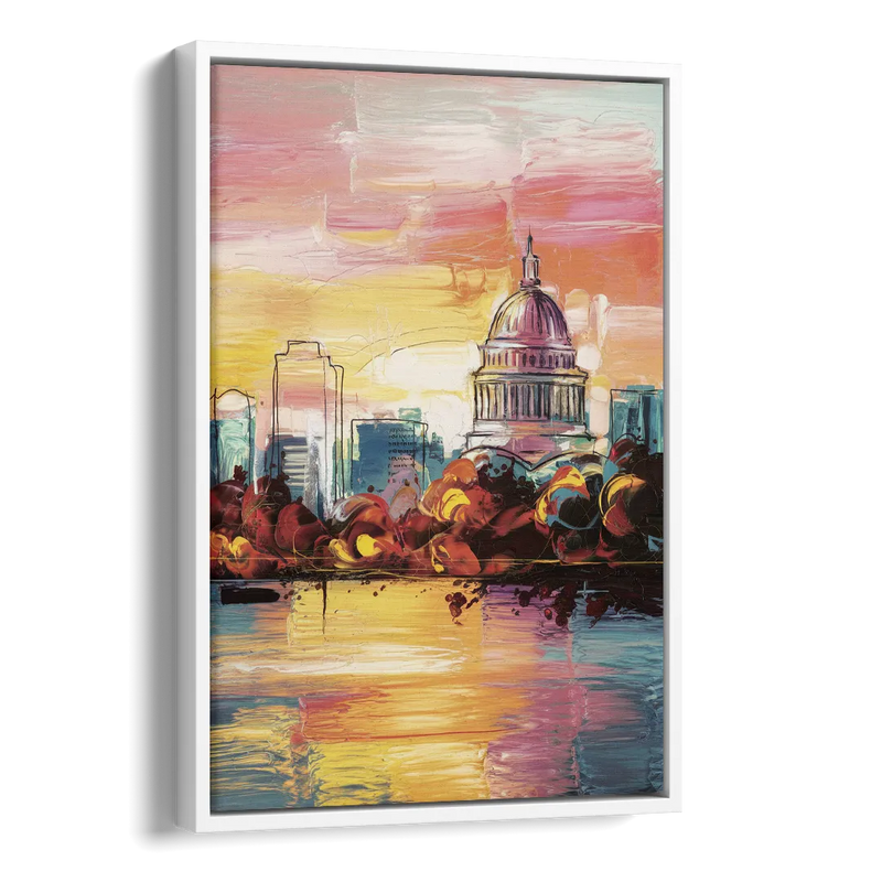 Madison Skyline at Sunset Side - White Canvas Wall Art