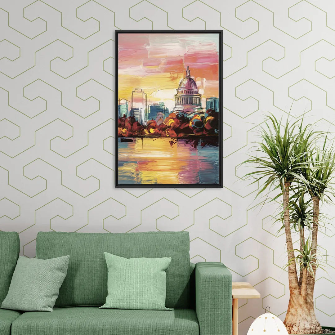 Madison Skyline at Sunset - Living Room Black Frame Canvas