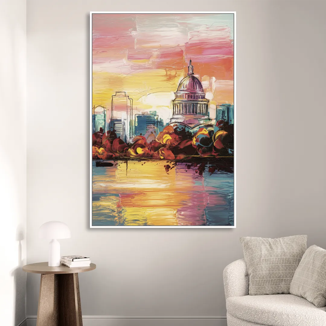 Madison Skyline at Sunset Sitting Room - White Canvas Wall Art