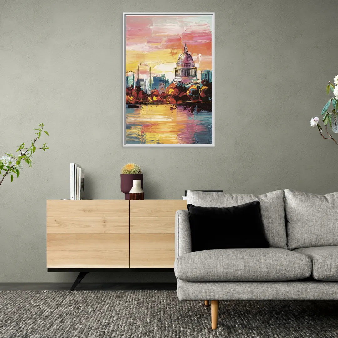 Madison Skyline at Sunset - Living Room White Frame Canvas