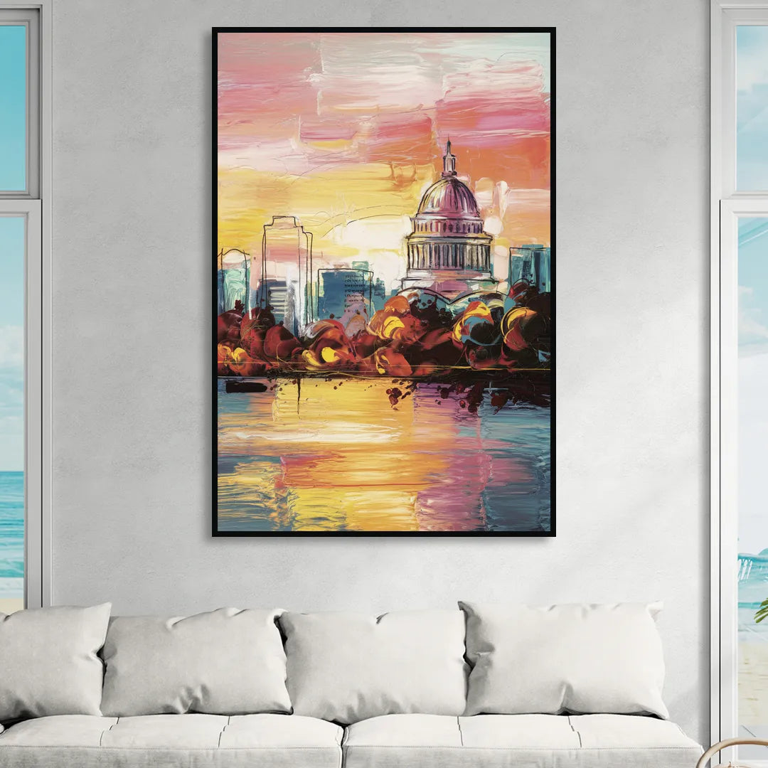 Madison Skyline at Sunset Living Room - Black Canvas Wall Art