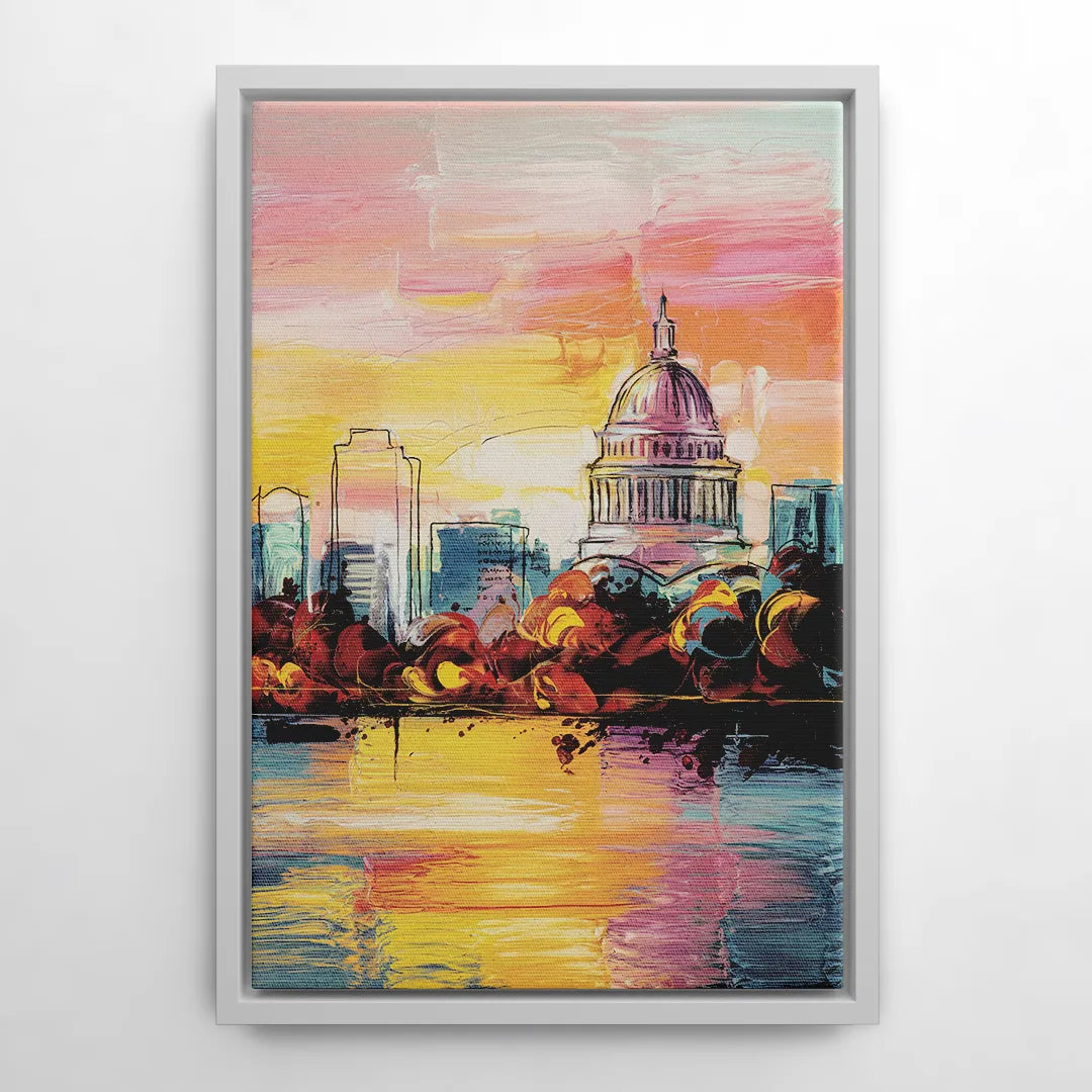 Madison Skyline at Sunset - White Frame Canvas