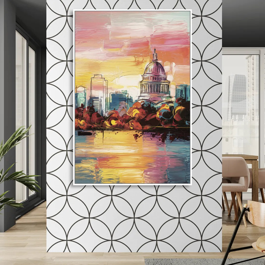 Madison Skyline at Sunset Living Room - White Canvas Wall Art