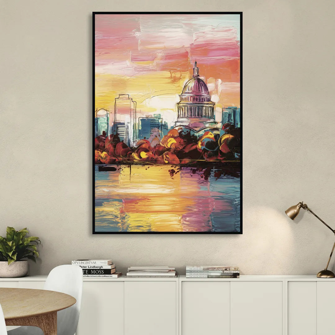 Madison Skyline at Sunset Sitting Room - Black Canvas Wall Art