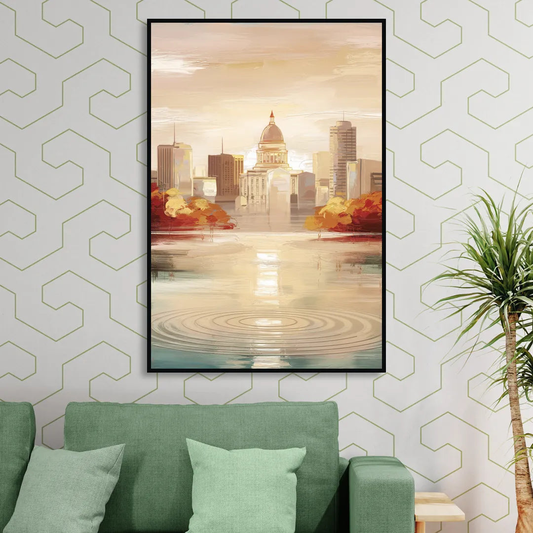 Madison Sunrise Over Downtown Sitting Room - Black Canvas Wall Art