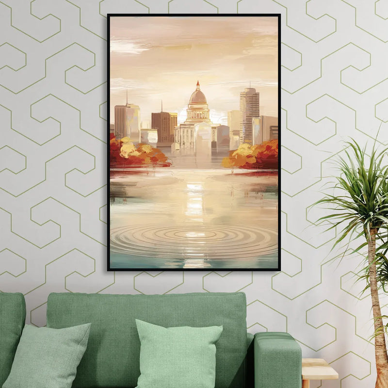 Madison Sunrise Over Downtown Sitting Room - Black Canvas Wall Art