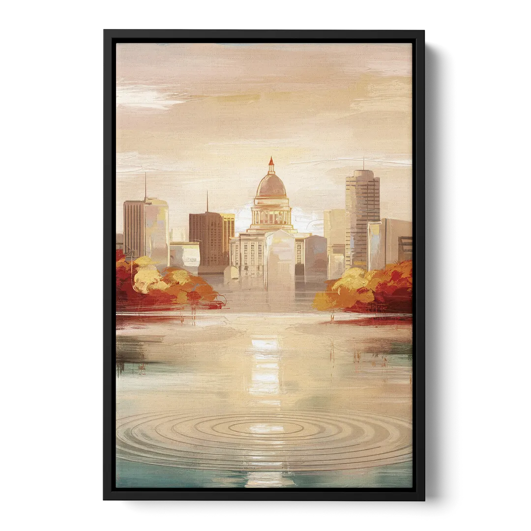 Madison Sunrise Over Downtown Front - Black Canvas Wall Art