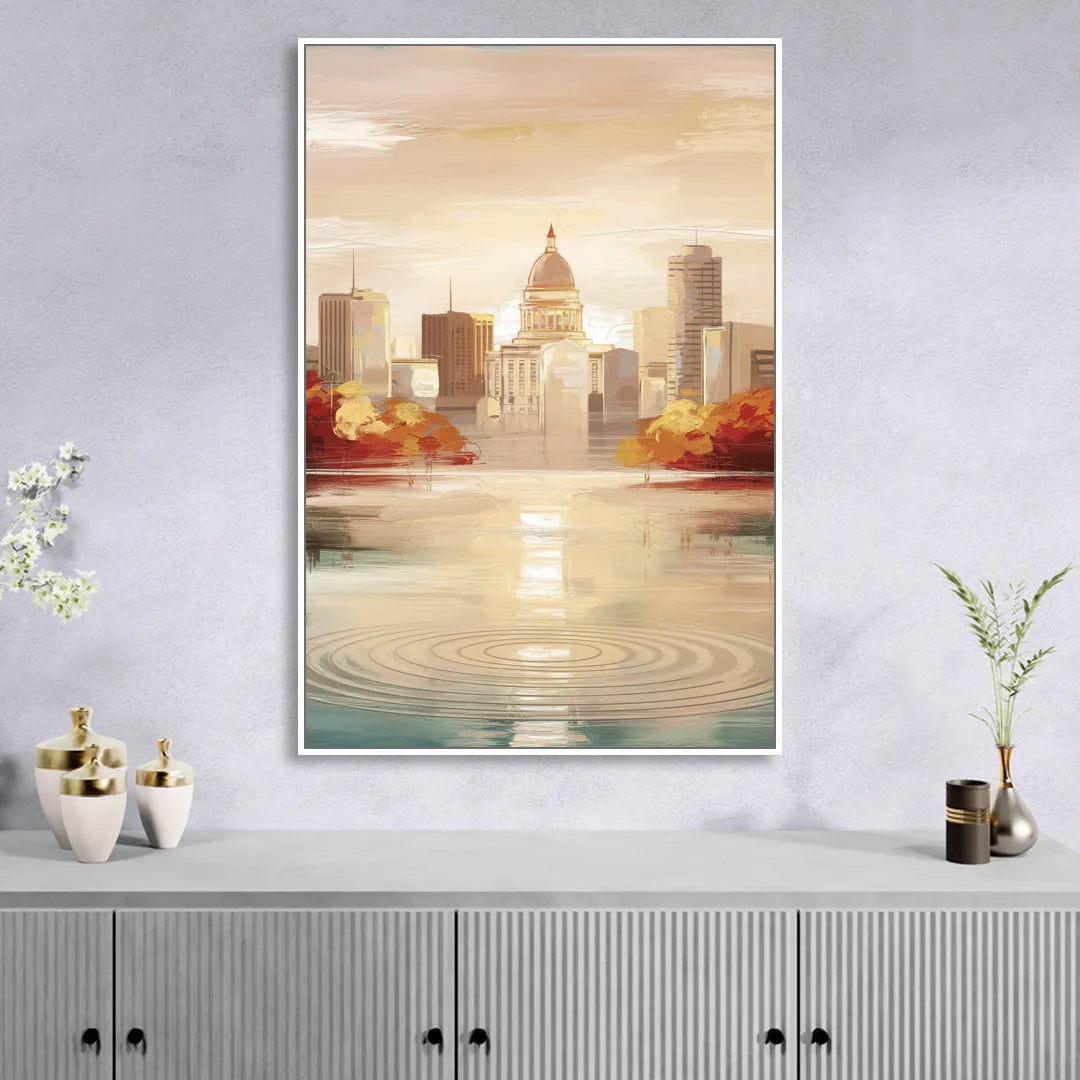 Madison Sunrise Over Downtown Living Room - White Canvas Wall Art