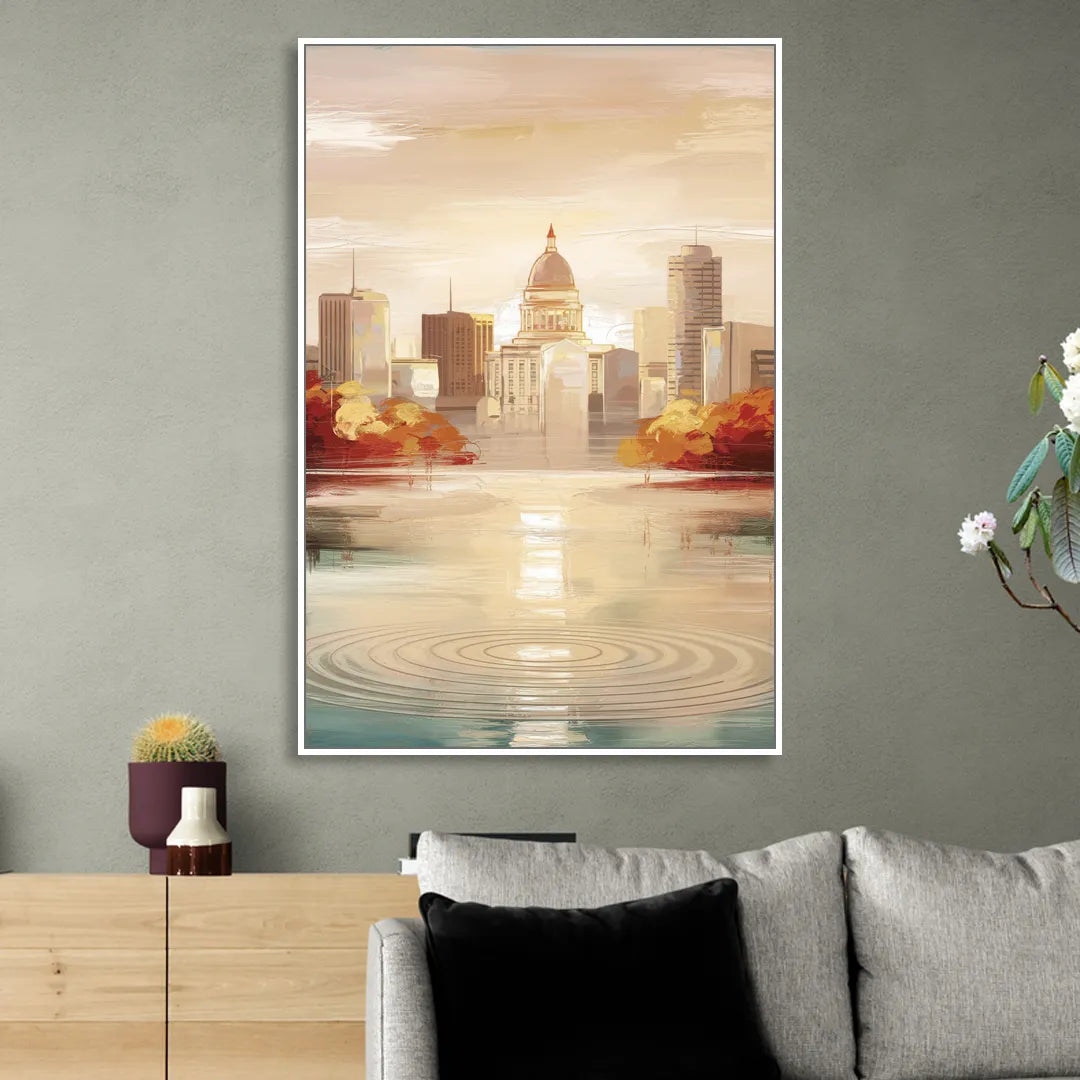 Madison Sunrise Over Downtown Sitting Room - White Canvas Wall Art