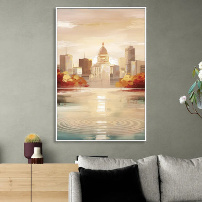 Madison Sunrise Over Downtown Sitting Room - White Canvas Wall Art