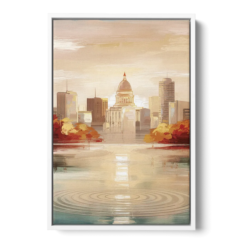 Madison Sunrise Over Downtown Front - White Canvas Wall Art