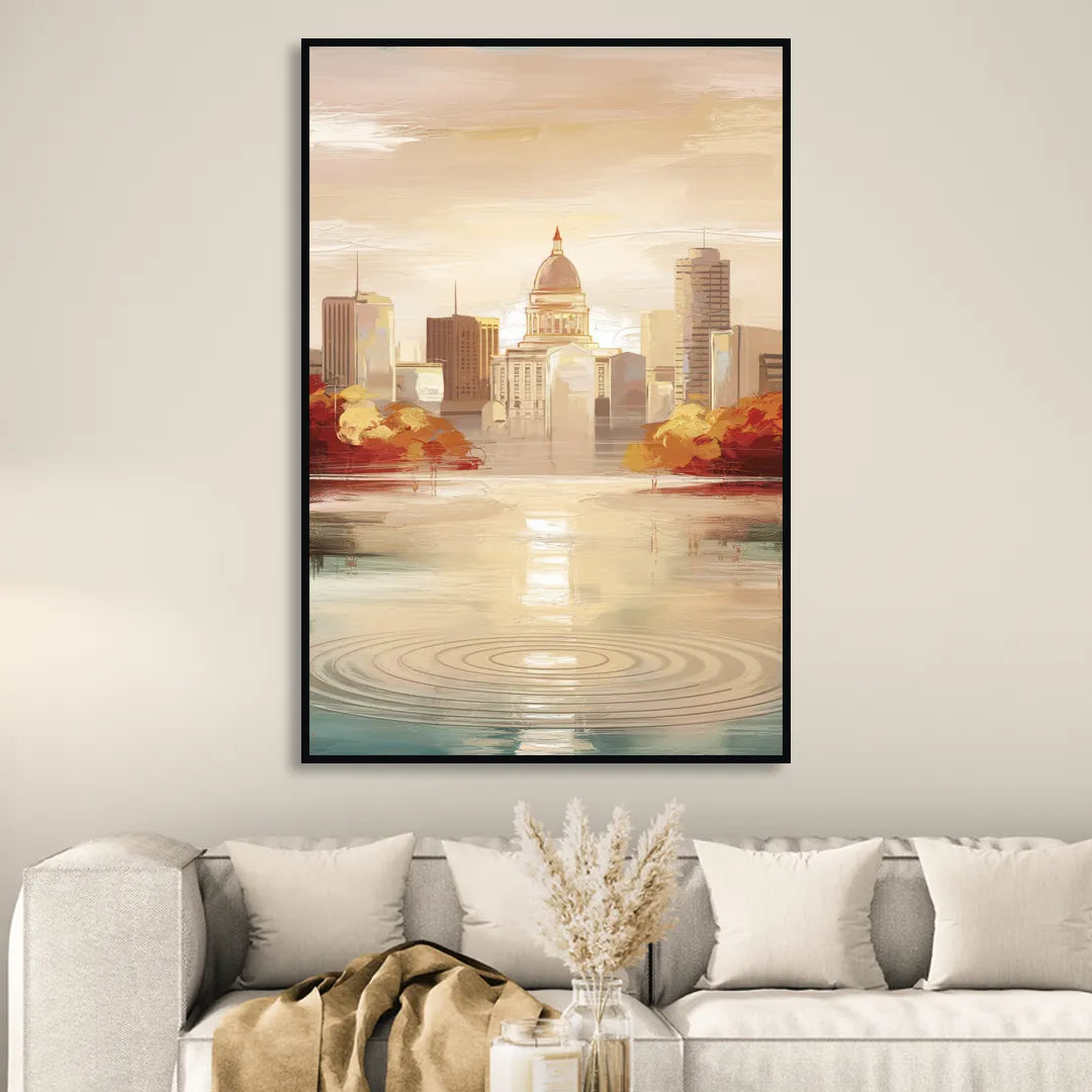 Madison Sunrise Over Downtown Living Room - Black Canvas Wall Art