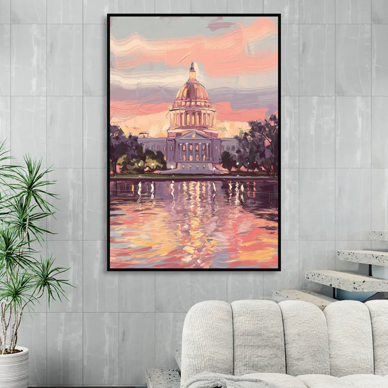 Madison Sunset Over Capitol Sitting Room - Black Canvas Wall Art