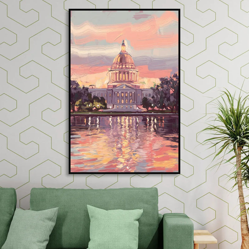 Madison Sunset Over Capitol Living Room - Black Canvas Wall Art