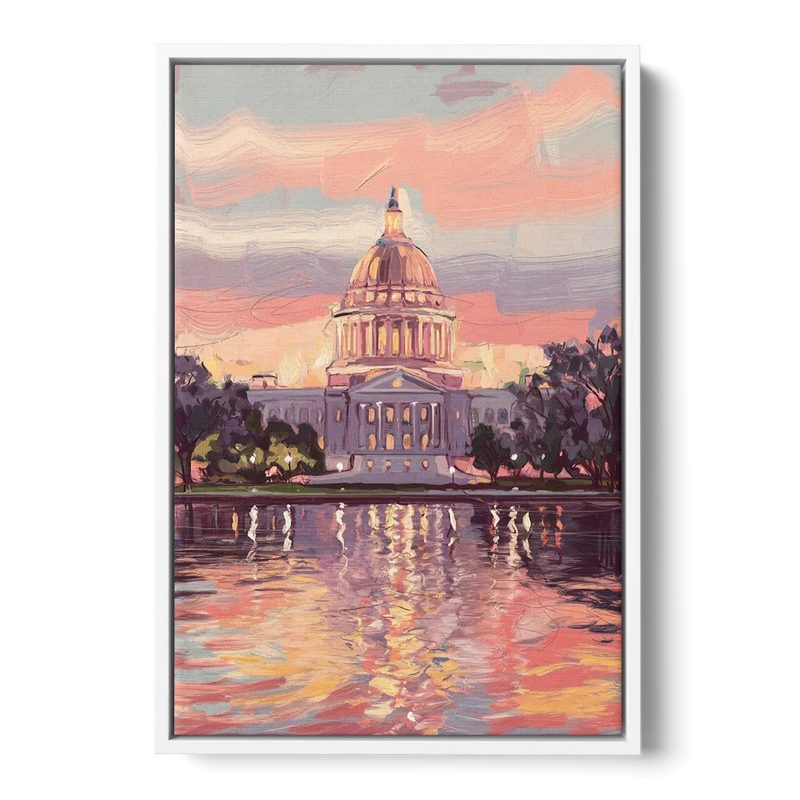 Madison Sunset Over Capitol Front - White Canvas Wall Art