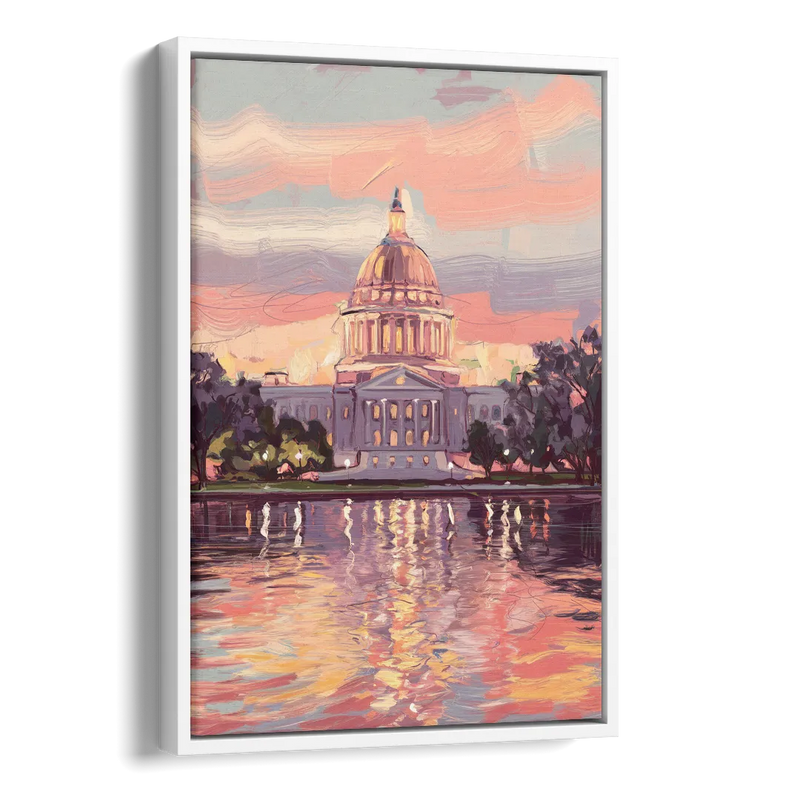 Madison Sunset Over Capitol Side - White Canvas Wall Art