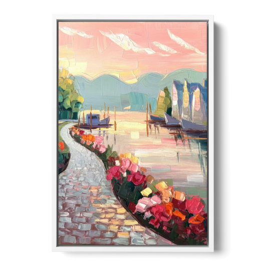 Madison Waterfront Stroll - White Framed Canvas Wall Art - Front