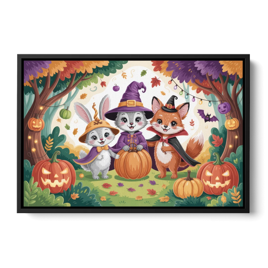 Magical Animals in Cute Halloween - Black Framed Canvas Wall Art - Front