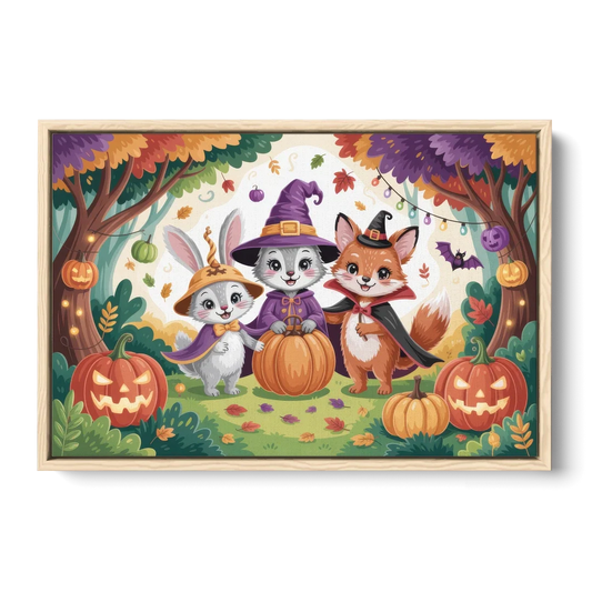 Magical Animals in Cute Halloween - Oak Framed Canvas Wall Art - Front