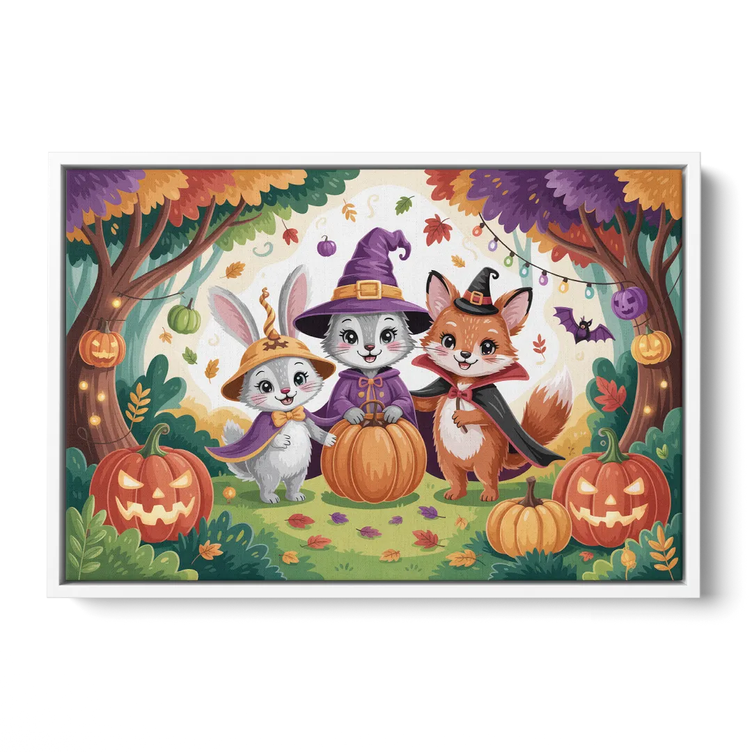 Magical Animals in Cute Halloween - White Frame Canvas