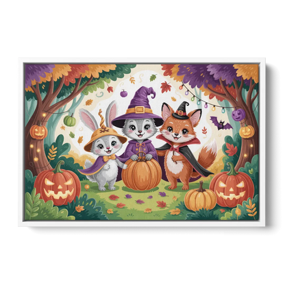 Magical Animals in Cute Halloween - White Frame Canvas