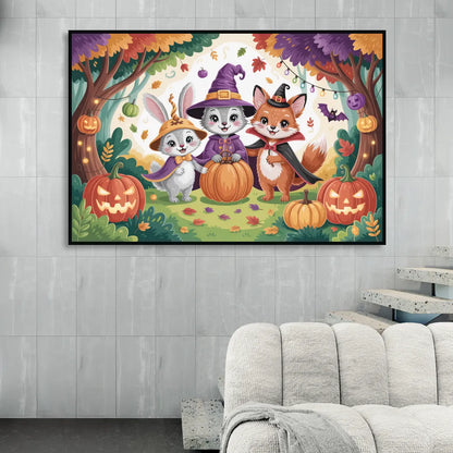Magical Animals in Cute Halloween Living Room - Black Canvas Wall Art