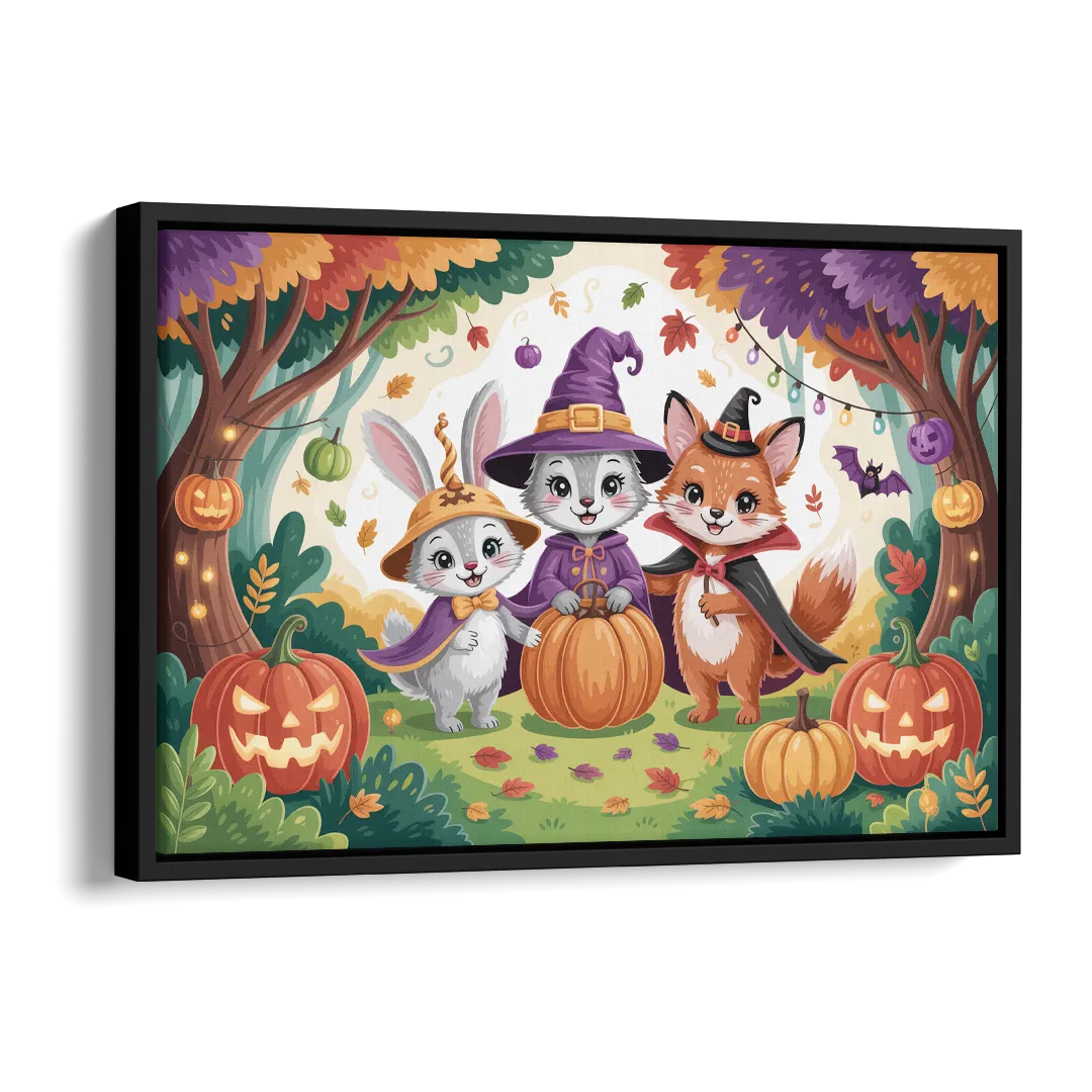 Magical Animals in Cute Halloween Side - Black Canvas Wall Art
