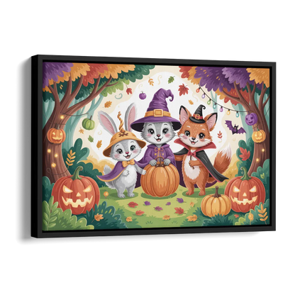 Magical Animals in Cute Halloween Side - Black Canvas Wall Art