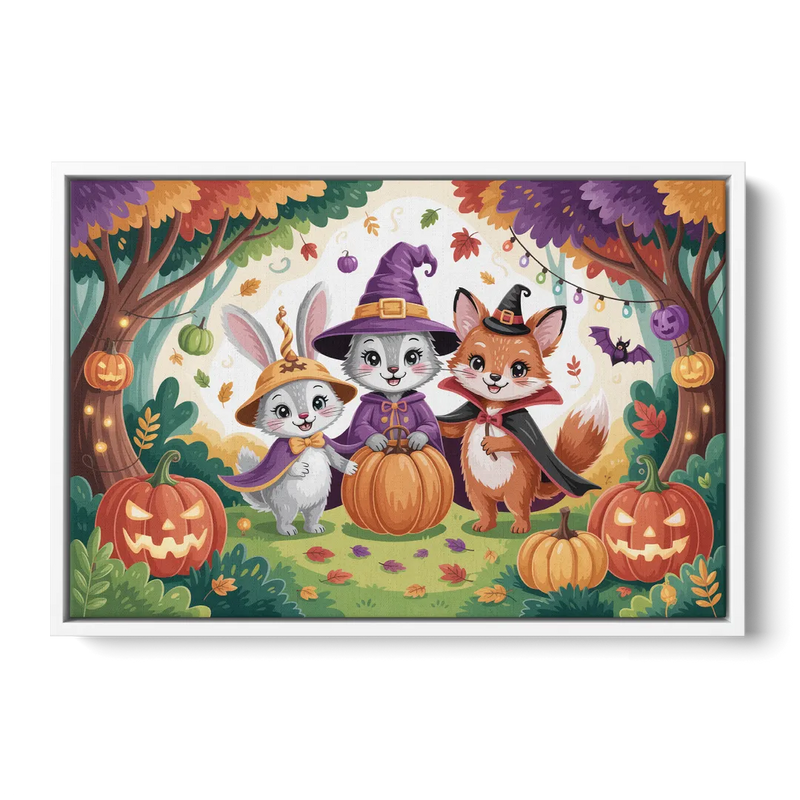 Magical Animals in Cute Halloween Front - White Canvas Wall Art