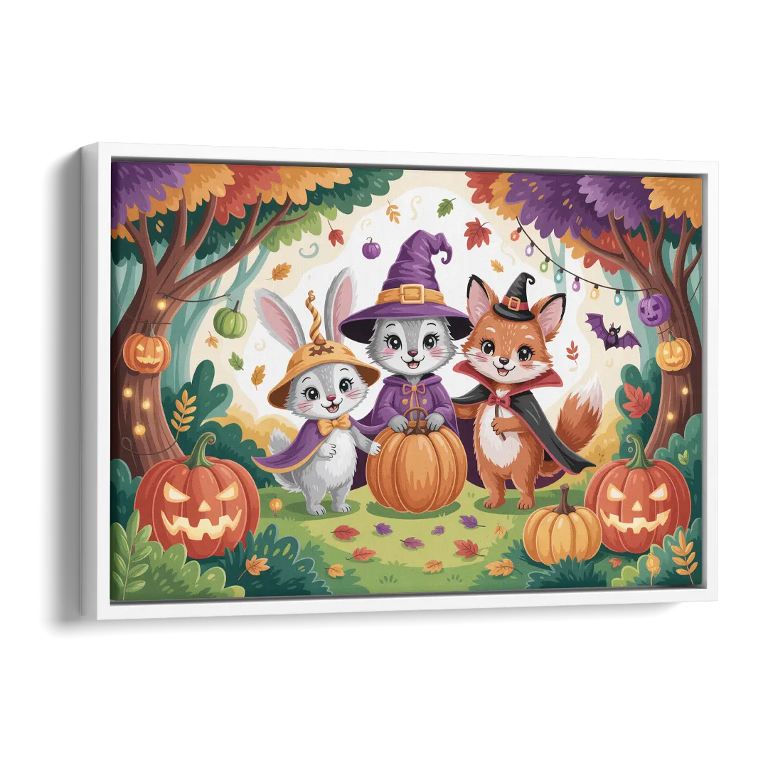 Magical Animals in Cute Halloween Side - White Canvas Wall Art