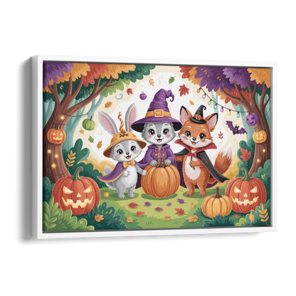 Magical Animals in Cute Halloween Side - White Canvas Wall Art