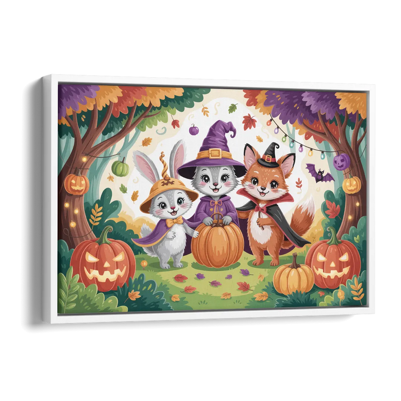 Magical Animals in Cute Halloween Side - White Canvas Wall Art