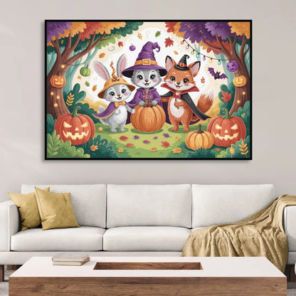 Magical Animals in Cute Halloween Sitting Room - Black Canvas Wall Art