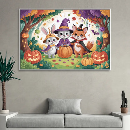 Magical Animals in Cute Halloween Sitting Room - White Canvas Wall Art