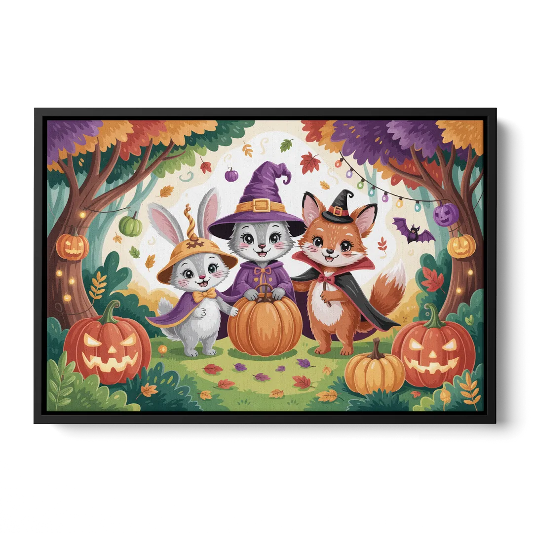 Magical Animals in Cute Halloween Front - Black Canvas Wall Art
