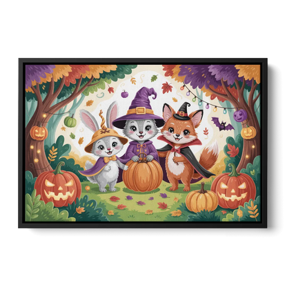 Magical Animals in Cute Halloween Front - Black Canvas Wall Art
