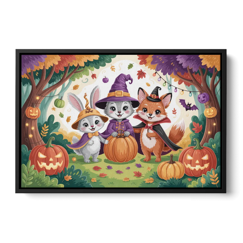 Magical Animals in Cute Halloween Front - Black Canvas Wall Art