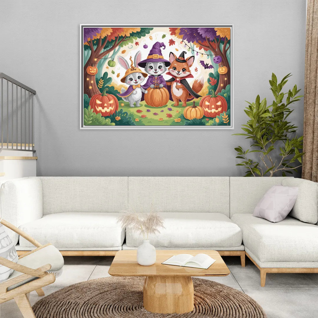 Magical Animals in Cute Halloween - Living Room White Frame Canvas