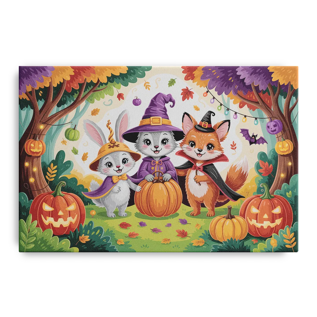 Magical Animals in Cute Halloween Front - Canvas Wall Art