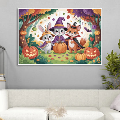 Magical Animals in Cute Halloween Living Room - White Canvas Wall Art
