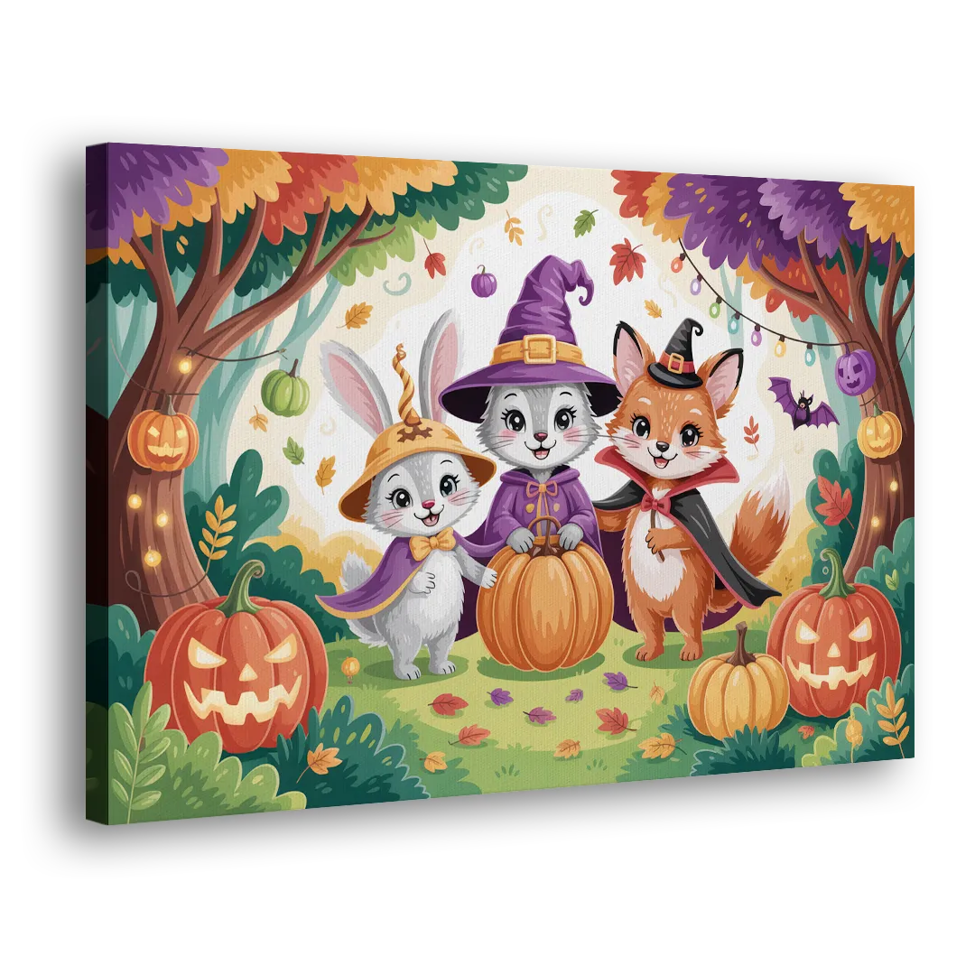 Magical Animals in Cute Halloween Side - Canvas Wall Art