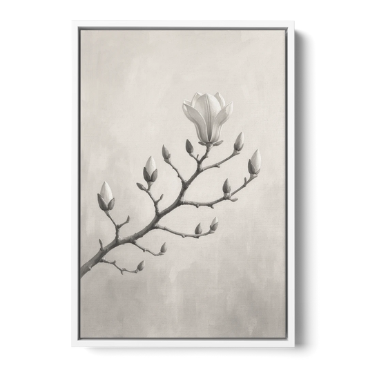 Magnolia Branch with Furry Buds and One Bloom - White Framed Canvas Wall Art - Front