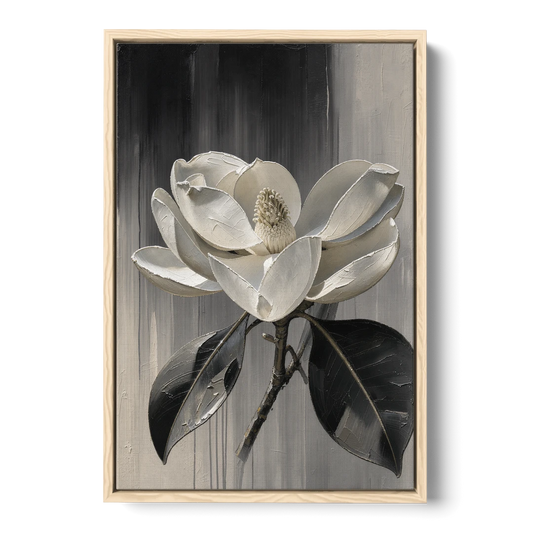 Magnolia Canvas Art with a Single White Bloom - Oak Framed Canvas Wall Art - Front