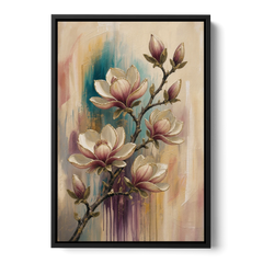 Magnolia Canvas Print in Ivory and Gold - Black Framed Canvas Wall Art - Front