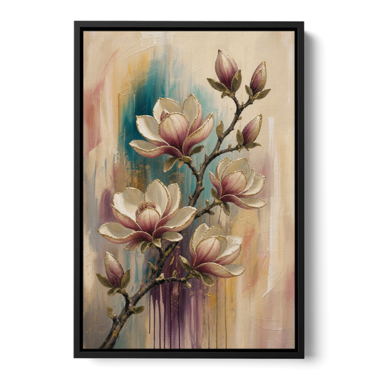 Magnolia Canvas Print in Ivory and Gold - Black Framed Canvas Wall Art - Front
