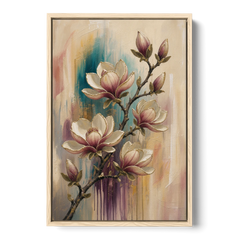 Magnolia Canvas Print in Ivory and Gold - Oak Framed Canvas Wall Art - Front