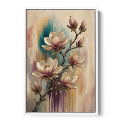 Magnolia Canvas Print in Ivory and Gold - White Framed Canvas Wall Art - Front