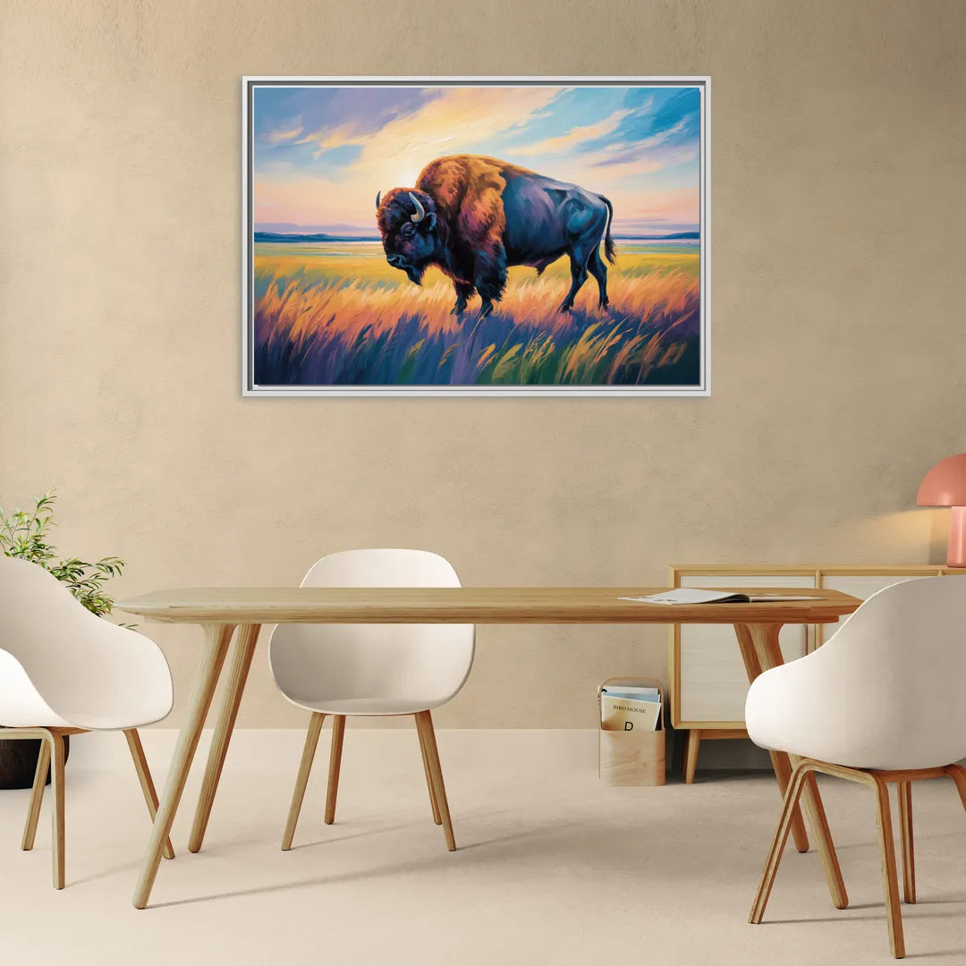 Majestic Buffalo Silhouette - Living Room White Frame Canvas